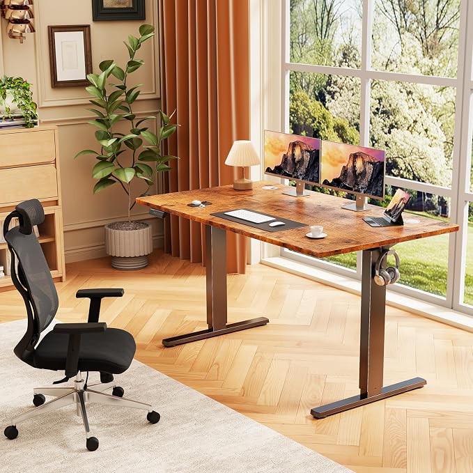 Sweetcrispy 48 Inch Electric Standing Desk, Height Adjustable Sit Stand Up Desk, Computer Workstation Home Office Gaming Rising Table with Memory Preset Splice Board,Rustic Brown