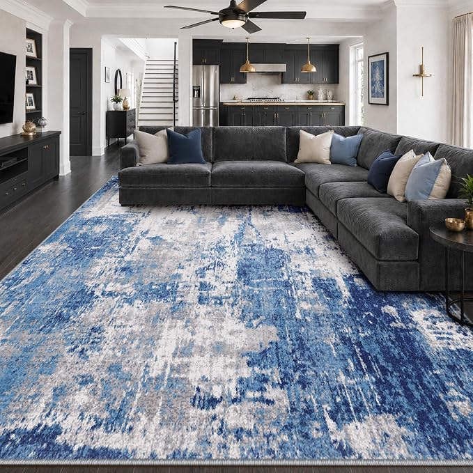 RELEANY Washable Area Rugs 10'x14' Non-Slip Modern Abstract Soft for Living Room Entryway Bedroom Kitchen, Print Pattern, Blue Grey Navy Gray