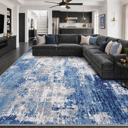 RELEANY Washable Area Rugs 10'x14' Non-Slip Modern Abstract Soft for Living Room Entryway Bedroom Kitchen, Print Pattern, Blue Grey Navy Gray