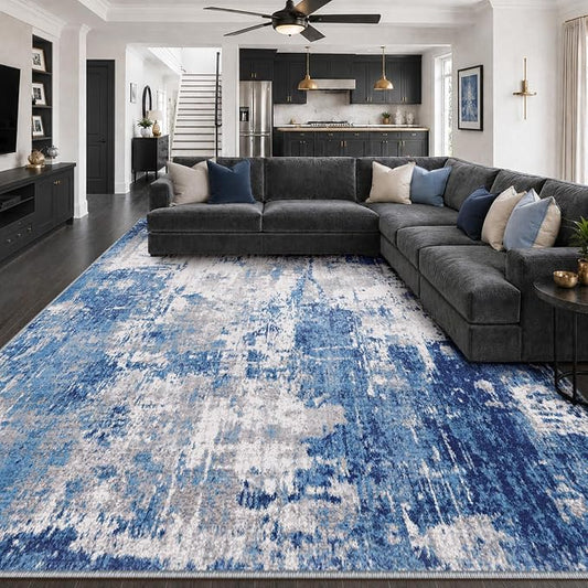 RELEANY Washable Area Rugs 10'x14' Non-Slip Modern Abstract Soft for Living Room Entryway Bedroom Kitchen, Print Pattern, Blue Grey Navy Gray