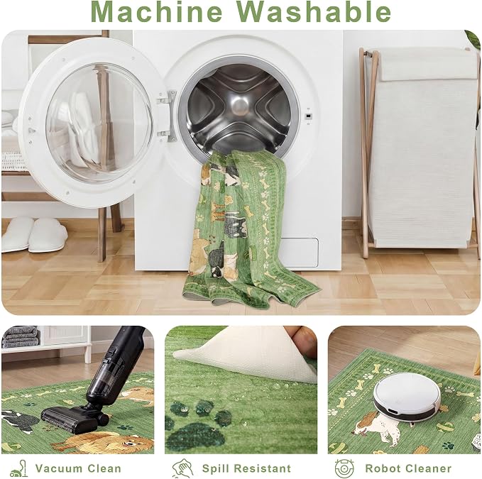 DUKINO 2x4 Runner Rug for Entryway, Animal Dog Print Washable Kitchen Rug with Non Slip, Low Pile Indoor Door Mat Non Shedding Small Throw Carpet Runner for Hallway, Bathroom, Laundry, Bedroom, Green