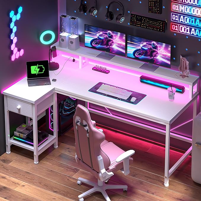 DurayLoly 48" L- Shaped Computer Desk with LED Light and Power Outlet, Reversible Home Office Desk With Drawer and Shelf, Gaming Desk with Monitor Stand for Gamer, Student, Bedroom, Small Space, White