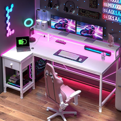 DurayLoly 48" L- Shaped Computer Desk with LED Light and Power Outlet, Reversible Home Office Desk With Drawer and Shelf, Gaming Desk with Monitor Stand for Gamer, Student, Bedroom, Small Space, White