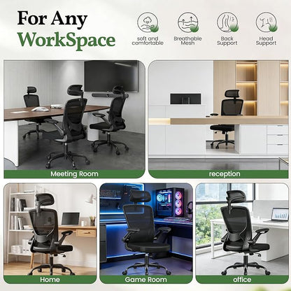 Ergonomic Office Desk Chair, Computer Desk Chair with Adjustable Lumbar Support, FILP-up Arms, Breathable Mesh Home Office Chairs Comfortable for Long Hours, Black