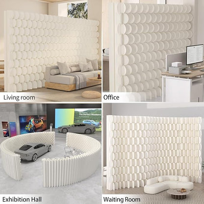 3D Scallop Textured Room Divider, Freestanding Privacy Screen, Modern Accordion Folding Kraft Paper Partition, No Drill, Portable Room Separator for Home, Office, Studio & Salon, White
