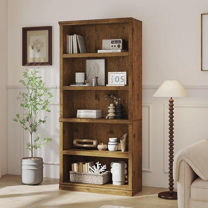 blini Wooden Bookshelf and Bookcase 5-Shelf Double Wide Large Bookshelves Vintage Oak Bookcase Tall Bookshelf for Living Room, Home Office, Library (Vintage Oak, 5-Shelf)