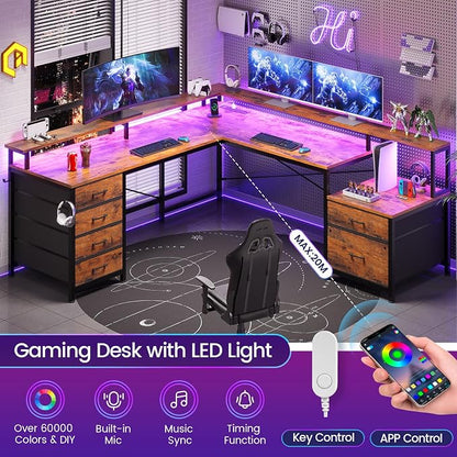 SEDETA L Shaped Desk with 6 Drawer, 108" Home Office Desk with File Drawer & Power Outlet, Corner Computer Desk with Monitor Shelf, Two Person Desk, Gaming Desk with Led Lights, Rustic Brown