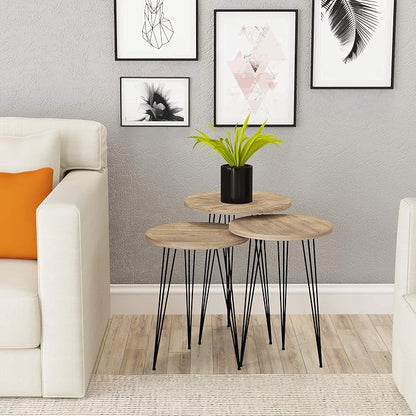 Set of 3 Pine Wood Grey Nesting End Tables Round Wood Stacking Coffee Side Accent Table with Metal Legs for Living Room, Home Office, Nightstands for Bedroom