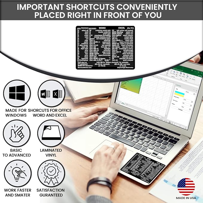 Synerlogic (100pcs) Word/Excel Windows Shortcut Sticker | Reference Guide Keyboard Shortcuts | Work from Home Essentials | Excel Shortcuts Cheat Sheet Laminated Vinyl (Black/Small/100)