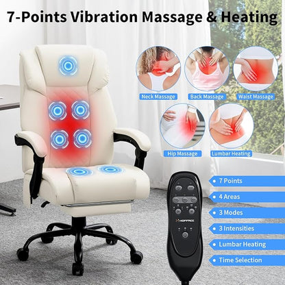 HOFFREE Heated Office Chair Massage Office Chair with Heat 400lbs Executive Reclining Home Desk Chair with Footrest,Linkage Armrests for Heavy People(Beige)
