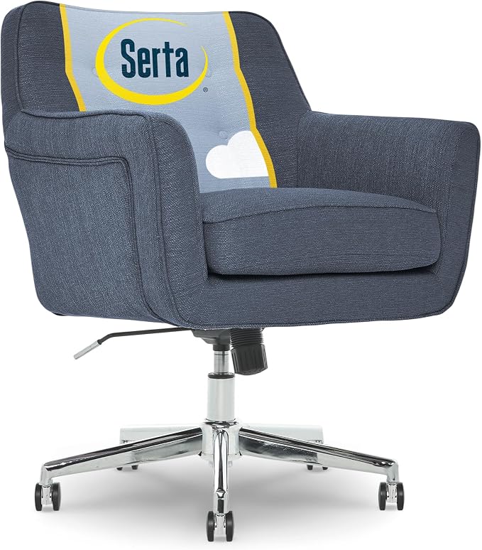 Serta Ashland Home Office Desk Chair with Button Tufted Mid-Back, Memory Foam Cushion and Padded Arms, Mid Century Modern Vanity Armchair with Wheels for Bedroom, Chrome Metal Base, Blue