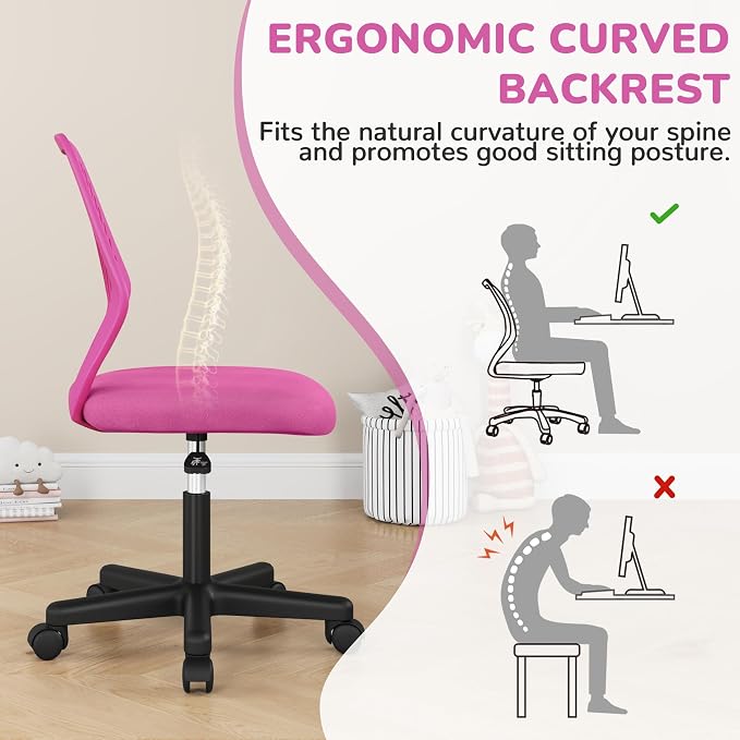 Topeakmart Armless Mesh Office Chair, Ergonomic Desk Chair with Adjustable Height & Support Lumbar, Adjustable Swivel Task Chair Rose Red