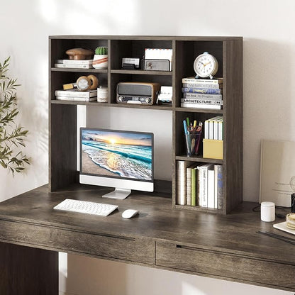 Giantex Desktop Bookshelf, Desk Hutch Dorm w/ 7 Cubes & 3 Adjustable Shelves, Desk Shelf for Up to 27" Computer Monitors, Wooden Desktop Storage Organizer for Dorm College Office Home (Grey Oak)