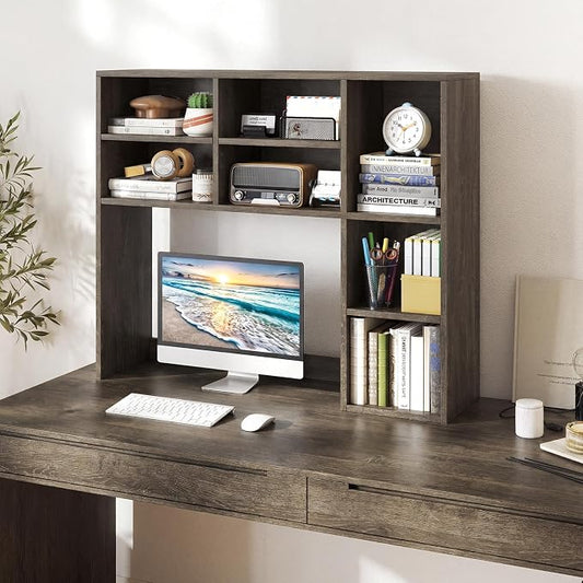 Giantex Desktop Bookshelf, Desk Hutch Dorm w/ 7 Cubes & 3 Adjustable Shelves, Desk Shelf for Up to 27" Computer Monitors, Wooden Desktop Storage Organizer for Dorm College Office Home (Grey Oak)