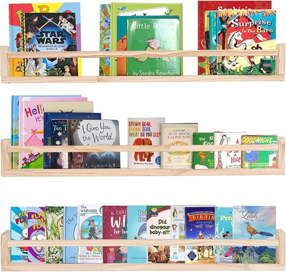 AZSKY Montessori Floating Book Shelves for Kids Room, 36 Inch Front Facing Nursery Bookshelves Wall Mounted with Safety Rail, Natural Wood Book Display for Toddler Baby Nursery, Set of 3
