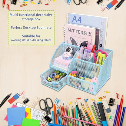 Boutilon Mesh Desk Organizer Desktop Office Supplies Stationary Organizer with 6 Compartments and 1 Drawer Multi-Functional Caddy Pen Holder for Home Office School Desk Decor(Light Blue)