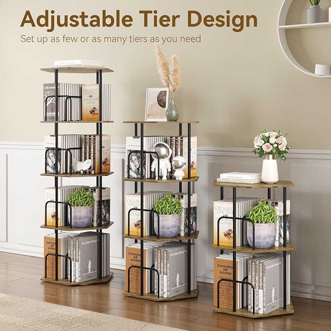 SUNMORY 4 Tier Rotating Bookshelf Tower, Revolving 360 ° Spinning Bookcase, Hexagonal Corner Book Shelf Storage Carousel, Vertical Rotate Turning Organizer Book Shelves for Living Room Office Bedroom