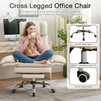 Cloud Cross Legged Office Chair with Footrest,Leather Big and Tall Executive Ergonomic Chair, Flip Armrests for Pets,155° Reclining Computer Wide Desk Chair for Home,Office (Beige)