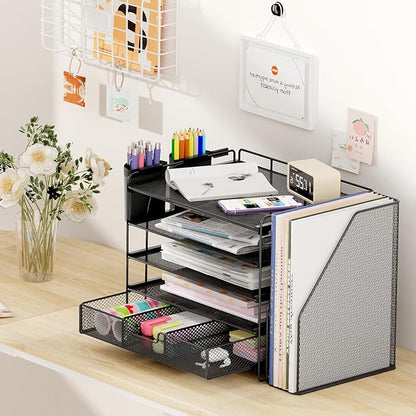 OPNICE Desk Organizer, 5-Tier Paper File Organizer with Drawer & Pen Holder, Office Desk Accessories, Workspace Desktop Organizer for Office Supplies(Black)