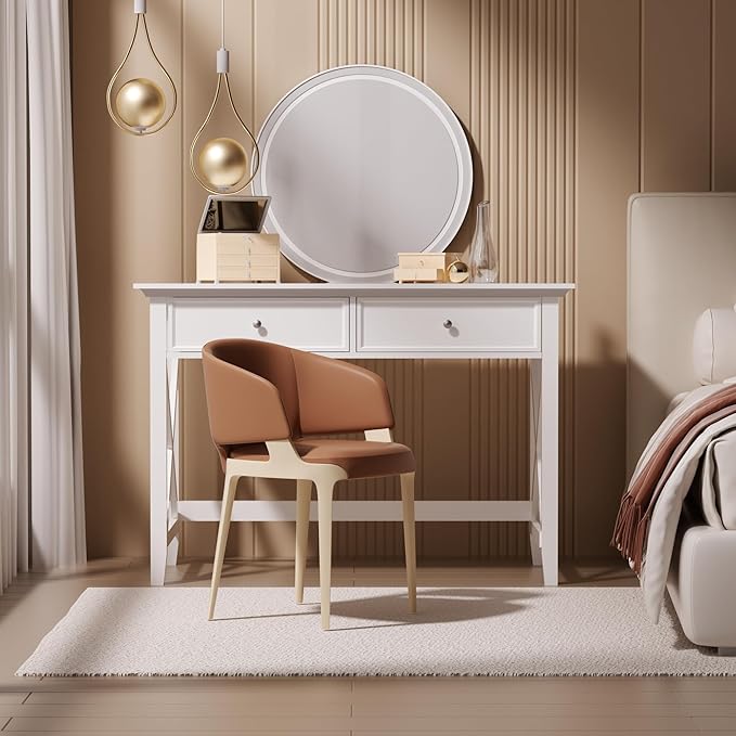 Lewahom White Computer Desk with 2 Drawers, Modern Makeup Vanity Desk with Storage, Writing Desk for Home Office, 42'' Long Study Simple White Desk for Bedroom Console Table Living Room