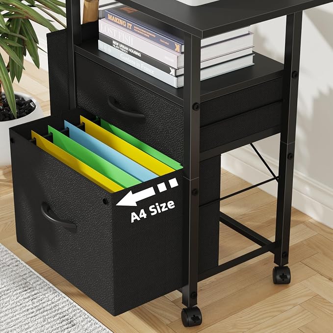 GYIIYUO 2 Drawer File Cabinet with 24'' Extended Desktop, Mobile Filing Cabinet, Rolling File Cabinet with Side Bag, Fabric Drawer, Fits A4/Letter Size, Printer Stand Home Office, Black
