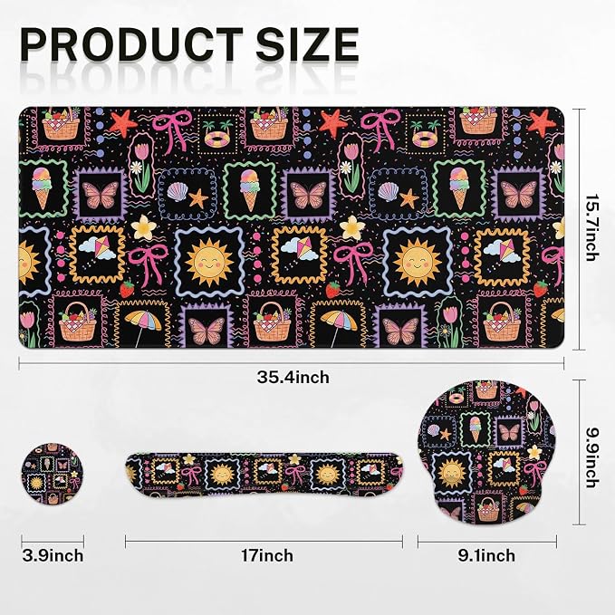 Britimes Cute Sun Bow Keyboard Mouse Pad Set Black Colorful Doodle 4in1 Large Mousepad+Keyboard Wrist Rest+Mouse Wrist Rest+Coaster Ergonomic Design for Home Office Computer 35.4x15.7 inches