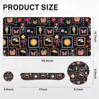 Britimes Cute Sun Bow Keyboard Mouse Pad Set Black Colorful Doodle 4in1 Large Mousepad+Keyboard Wrist Rest+Mouse Wrist Rest+Coaster Ergonomic Design for Home Office Computer 35.4x15.7 inches