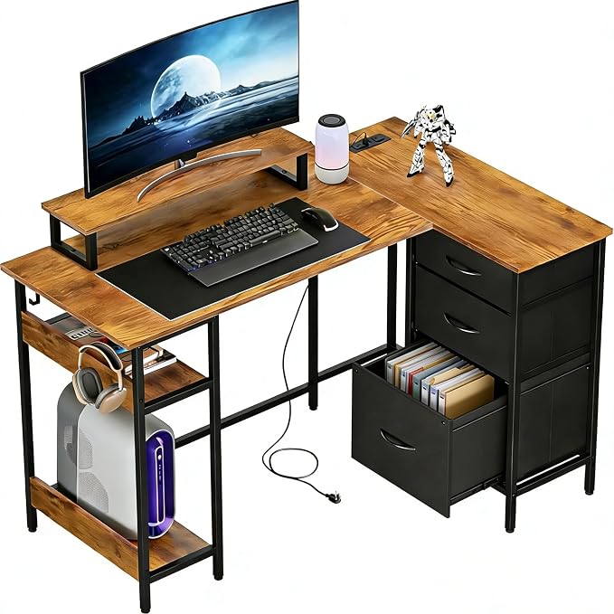 DEVAISE 48 Inch L Shaped Gaming Desk with Drawers and Storage, Corner Desk with LED Lights, Power Outlets, Computer Desk with Monitor Stand, Office Desk for Home, Rustic Brown