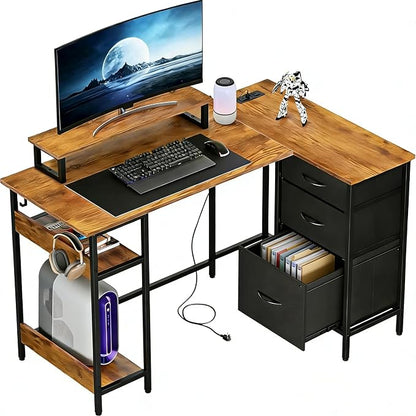 DEVAISE 48 Inch L Shaped Gaming Desk with Drawers and Storage, Corner Desk with LED Lights, Power Outlets, Computer Desk with Monitor Stand, Office Desk for Home, Rustic Brown