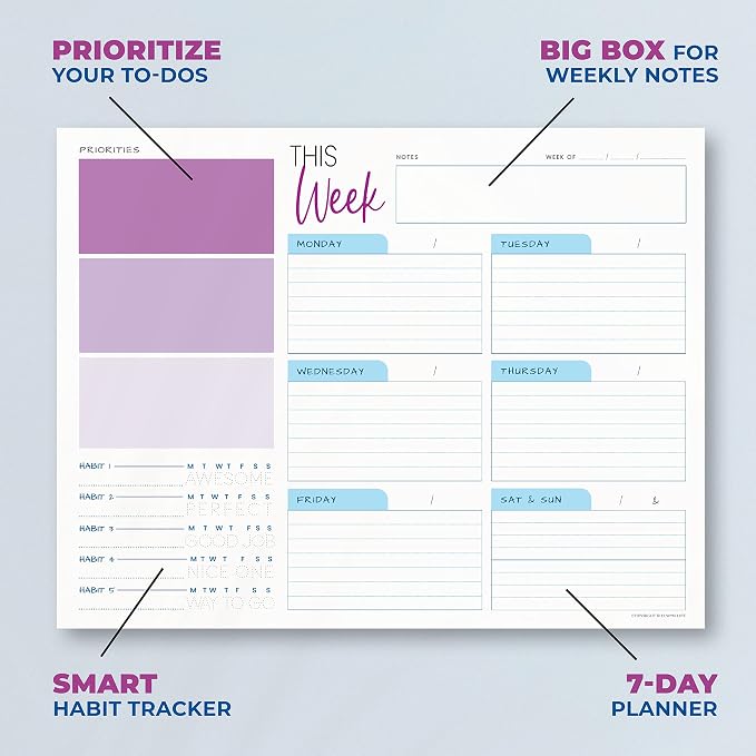 Weekly Planner Pad - Undated Planner - To Do List Notepad - Habit Tracker - 11 x 8.5" - 52 Tear-Off Sheets - Daily Planner Undated for Home Work Office Business - Goal Planner - Cute Planner (Purple)