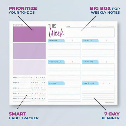 Weekly Planner Pad - Undated Planner - To Do List Notepad - Habit Tracker - 11 x 8.5" - 52 Tear-Off Sheets - Daily Planner Undated for Home Work Office Business - Goal Planner - Cute Planner (Purple)