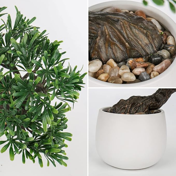 Fake Bonsai Tree Zen Juniper Bonsai Plant 10” Tall Artificial Bonsai Trees with White Ceramic Pot Decorated with Pebbles Desk Plant Indoor Bonsai for Home Office Decor