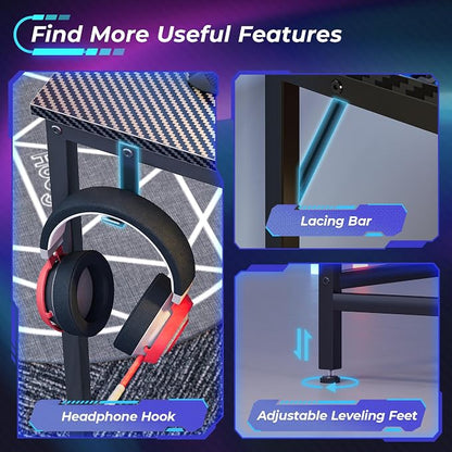 Huuger L Shaped Gaming Desk with Power Outlets & LED Lights, Computer Desk with Monitor Shelves, Carbon Fiber Surface, Home Office Desk, Corner Gaming Desk with Hooks, Carbon Fiber Black