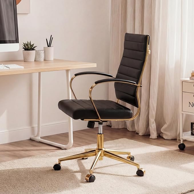Okeysen Gold Office Desk Chair, Ergonomic Leather Modern Conference Room Chairs, Executive Ribbed Height Adjustable Swivel Rolling Golden Chair for Home Office.