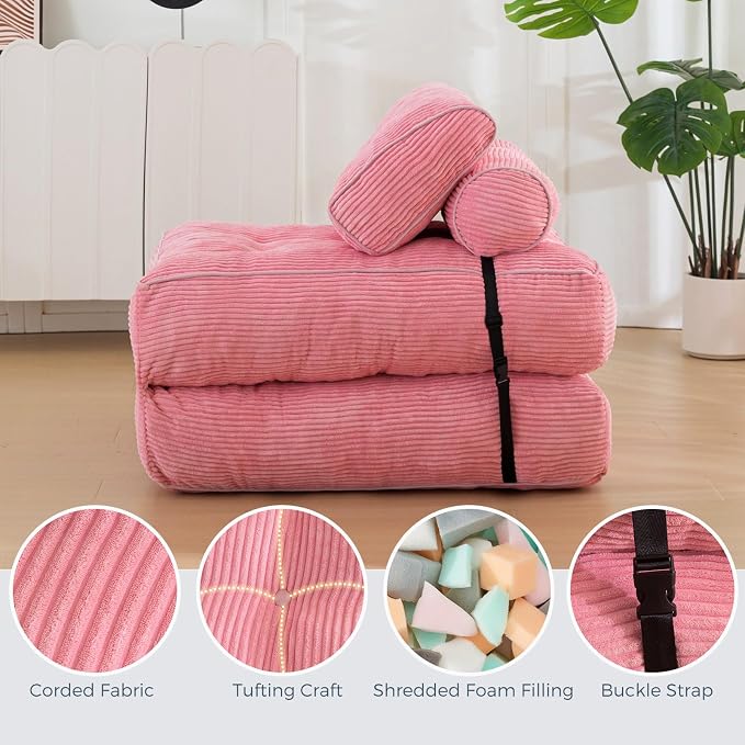 MAXYOYO Folding Sofa Bed, Convertible Chair with Pillow Foldable Couch with Back Support, Portable Fold Out Chair Bed Comfy Floor Sofa Lounge for Living Room Bedroom, Pink, Single