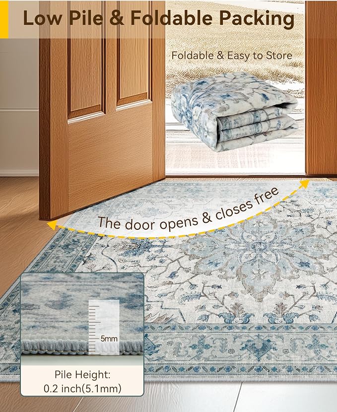 RELEANY Area Rugs Runner 3'x8' Washable Non-Slip, Floral Vintage Distress Medallion Carpet for Kitchen Hallway Bedroom Beside Laundry Room Bathroom, Light Blue Navy Gray White