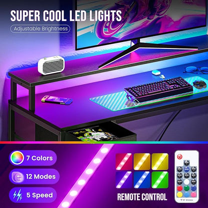 DUMOS 53" Gaming Desk with USB Charging Ports & LED Lights, Reversible L-Shaped Corner Computer Table for Small Spaces, Power Outlets, Monitor Stand & Storage Shelves Included, Black