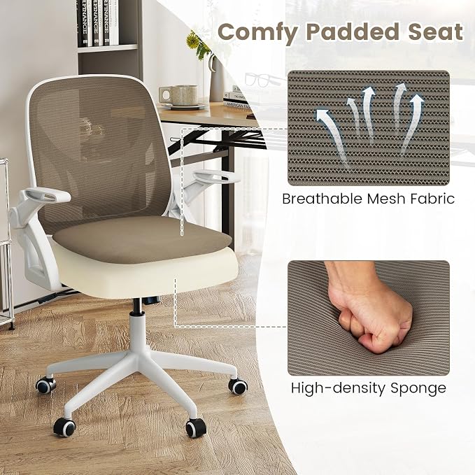 COSTWAY Office Chair, Comfy Swivel Rolling Desk Chair with Adjustable Height & Flip-Up Armrests, Ergonomic Mesh Computer Chairs with Lumbar Support for Working & Gaming (Grey)