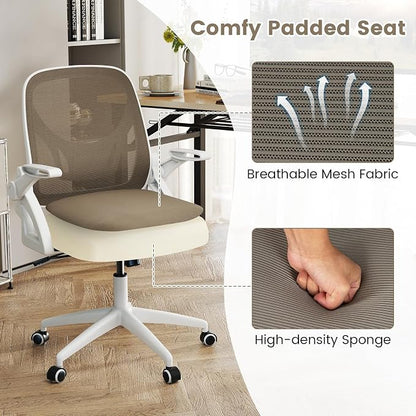 COSTWAY Office Chair, Comfy Swivel Rolling Desk Chair with Adjustable Height & Flip-Up Armrests, Ergonomic Mesh Computer Chairs with Lumbar Support for Working & Gaming (Grey)