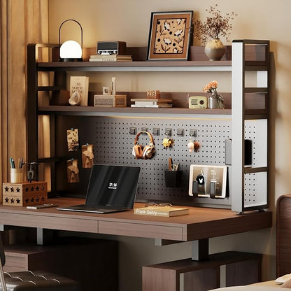 Desktop Hutch Bookshelf, 2-Tier Metal Desk Shelf for Top of Desk | Heavy Duty Countertop Organizer Rack with Peg Board & Accessories Space-Saving Storage for Dorm, Office & Home