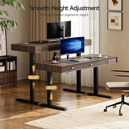 Electric Standing Desk with 3 Drawers, 55 x 24 Inch Height Adjustable Stand up Desk with Storage and Widened Legs, Retro Home Office Desks with Memory Controller for Computer Workstation, Walnut