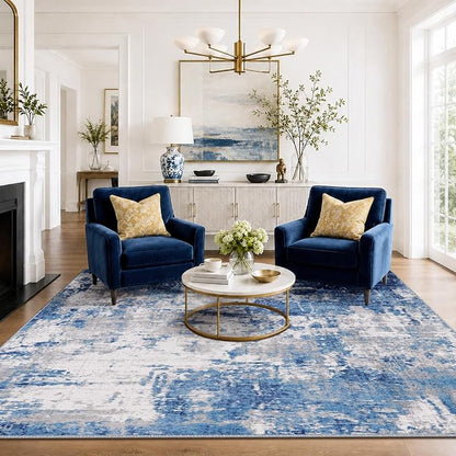 RELEANY Washable Area Rugs 4'x6' Non-Slip Modern Abstract Soft for Living Room Entryway Bedroom Kitchen, Print Pattern, Blue Grey Navy Gray