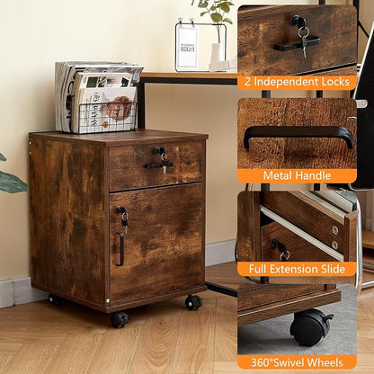 OFCASA 2 Drawer File Cabinet with Lock, Small Rolling Filing Cabinets for Home Office, Wood Under Desk File Cabinet with Wheels, Mobile Storage Organizer, Printer Stand for Letter/Legal, Rustic Brown