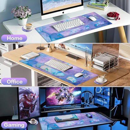 4-in-1 Mouse Pad with Wrist Rest Set Purple,35.4×15.7in Large Gaming Mouse Pad+Keyboard Wrist Rest+Wrist Mousepad+Cup Pad,Ergonomic Mouse Pads,Anti-Slip,Waterproof Keyboard Pad for Home Office