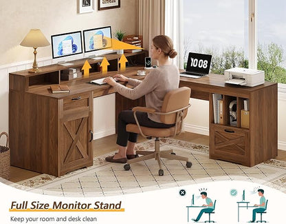YOMILUVE 63" L Shaped Desk with Drawers, Farmhouse Corner Computer Desk with Power Outlets, Storage Cabinet, Home Office Executive Desk with Long Monitor Stand, Brown