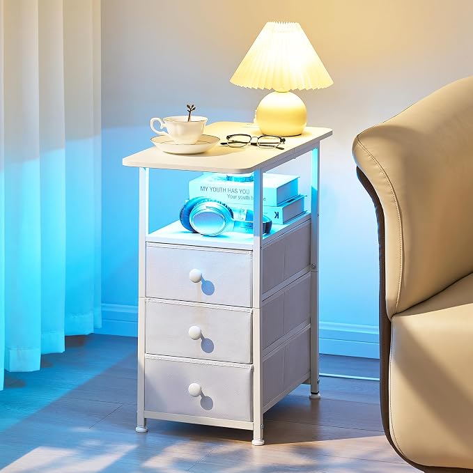 DALEMHOME Narrow End Table with Charging Station, Narrow Side Table with 3 Fabric Drawers, Slim Nightstand with LED Light, Small Table with Storage, Living Room, Bedroom, White HKET1303WT