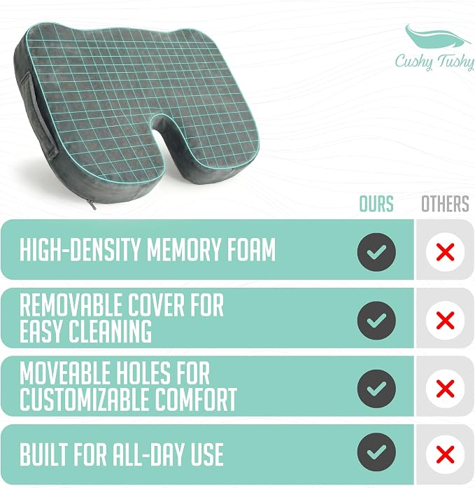 Cushy Tushy Premium Seat Cushion with Moveable Holes, Customizable Foam – Relief for Lower Back, Sciatic, & Tailbone Pain – Perfect for Driving, Home & Office – Gray Fabric Cover