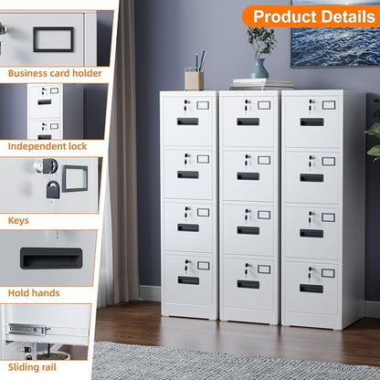 4 Drawer File Cabinet with Lock,White Metal Filing Cabinet for Home Office,Vertical File Storage Cabinet with Keys for Letter/A4 Size,14.96" W x 17.72" D x 55.2" H,Assembly Required