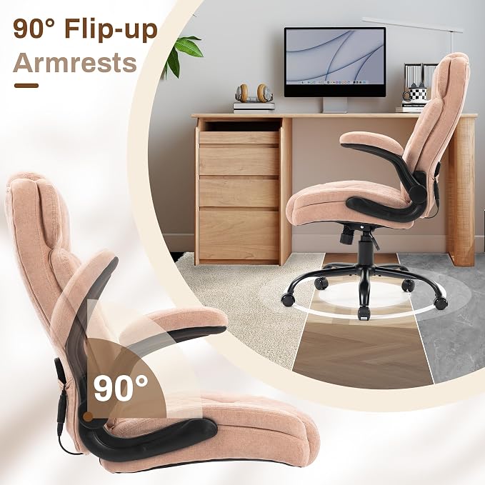 Massage Office Chair,500LBS Ergonomic Rocking Executive Desk Chairs with 4 Points Vibration&Heat,Padded Flipup Armrests for Big and Tall Office Chair,Swivel Computer Chair Fabric Pink