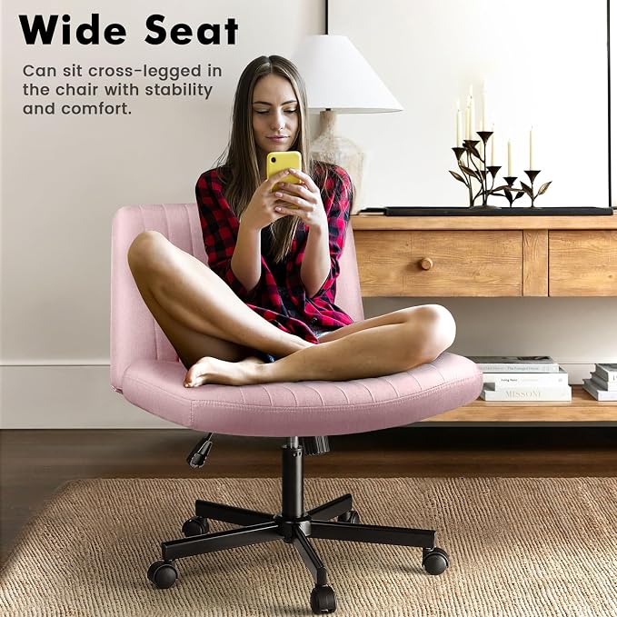 LEMBERI Criss Corss Chair with Wheels,Fabric Padded Armless Wide Office Desk Chairs,120° Rocking Swivel Mid Back Computer Task Vanity Chair for Home Office, Small Space